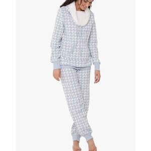 PajamaGram Blue Floral Houndstooth Pajama Set Sherpa Cowl Neck NWT